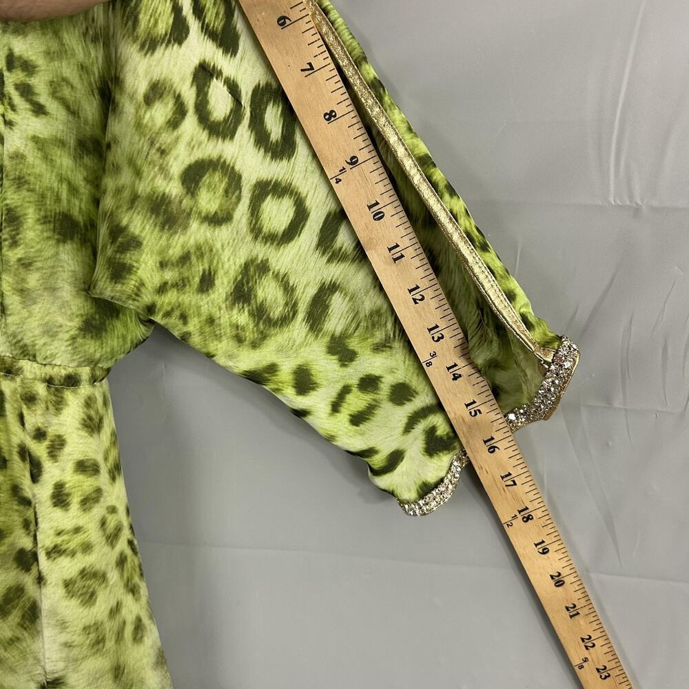 Kasia De Gelaque Dress One Size Kaftan Silk Maxi Leopard Green Rhinestone Boho - Picture 10 of 12